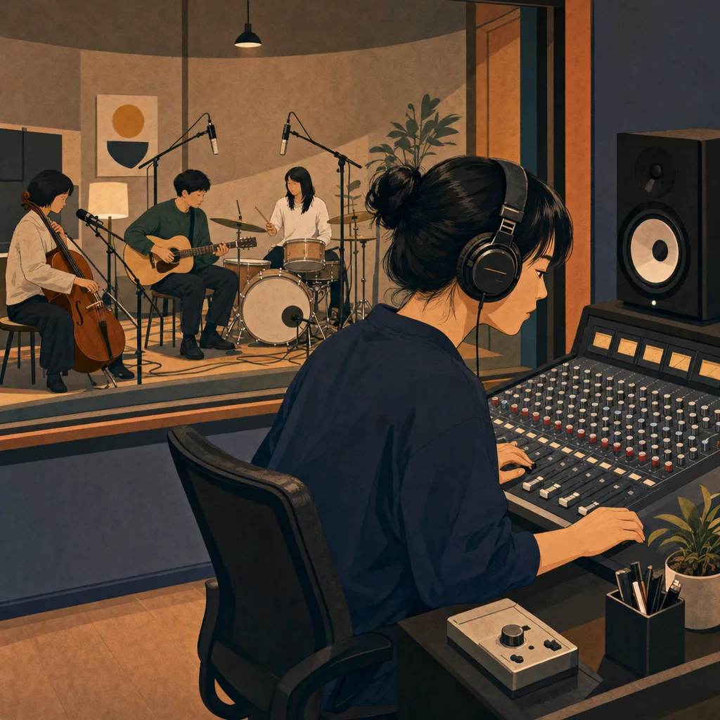 録音を調整する日本人音響エンジニア（編集記事向け）。音響エンジニア、レコーディング、録音、音楽制作の記事や案内に使える商用素材です。