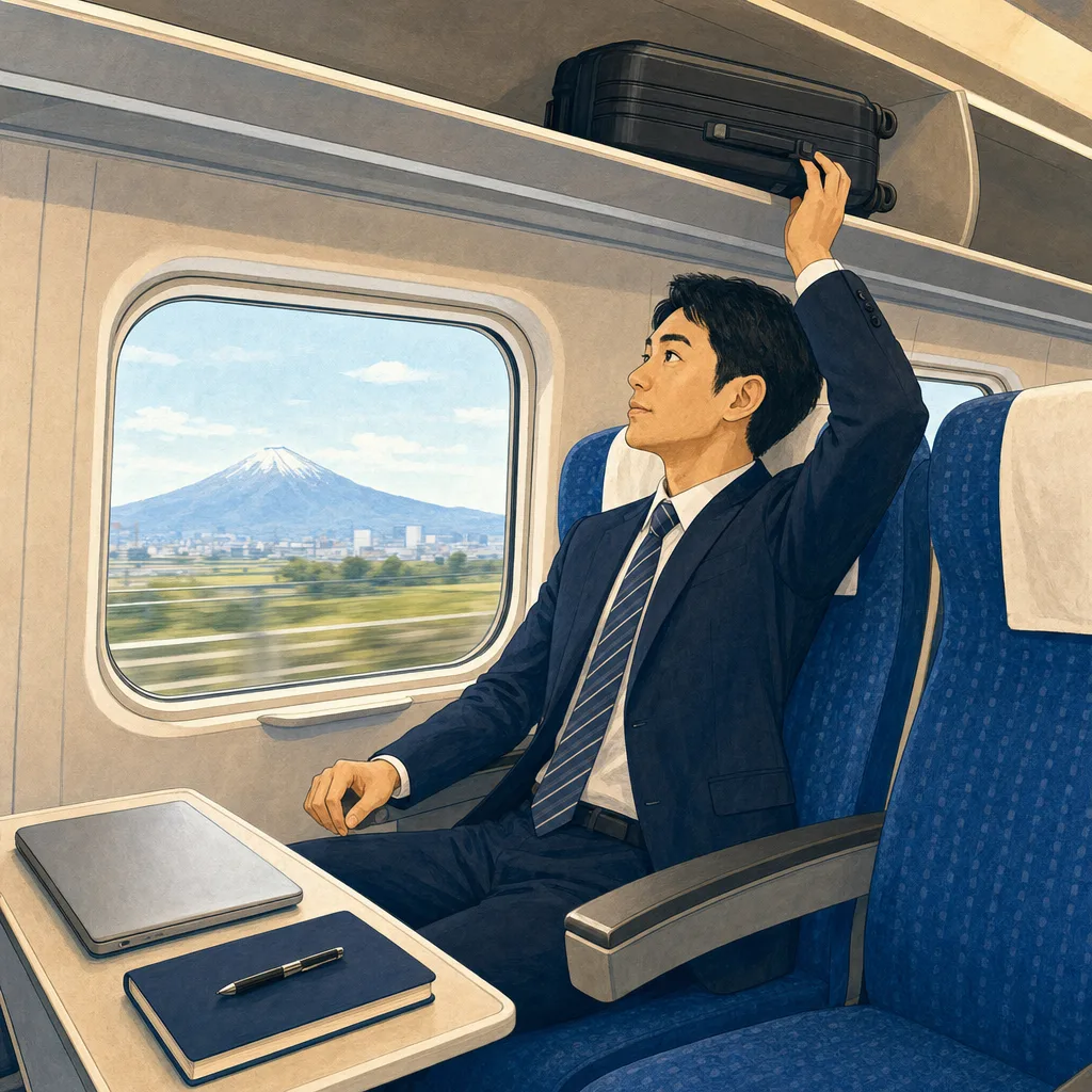 新幹線で出張する日本人会社員（編集記事向け）。新幹線、出張、鉄道、ビジネス旅行に使える移動中の素材です。