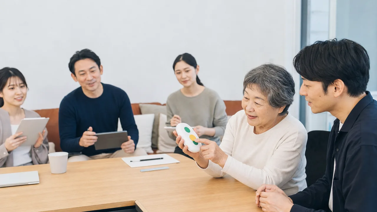 ユニバーサルデザインを評価する日本人利用者（横長・コピースペース）。ユニバーサルデザイン、製品テスト、ユーザビリティ、高齢者の記事や案内に使える商用素材です。
