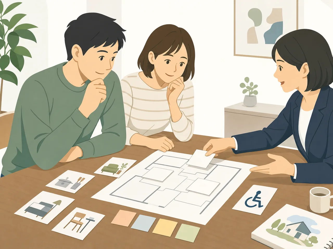 注文住宅の打合せをする日本人（フラットイラスト）。注文住宅打合せ、家づくり、設計相談、住宅の記事向け素材です。