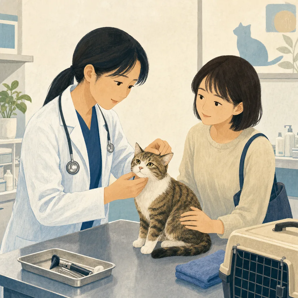 動物病院で診察を受ける猫（編集記事向け）。ペット医療、保険、飼育情報の記事に使える、獣医師と猫と飼い主の素材です。