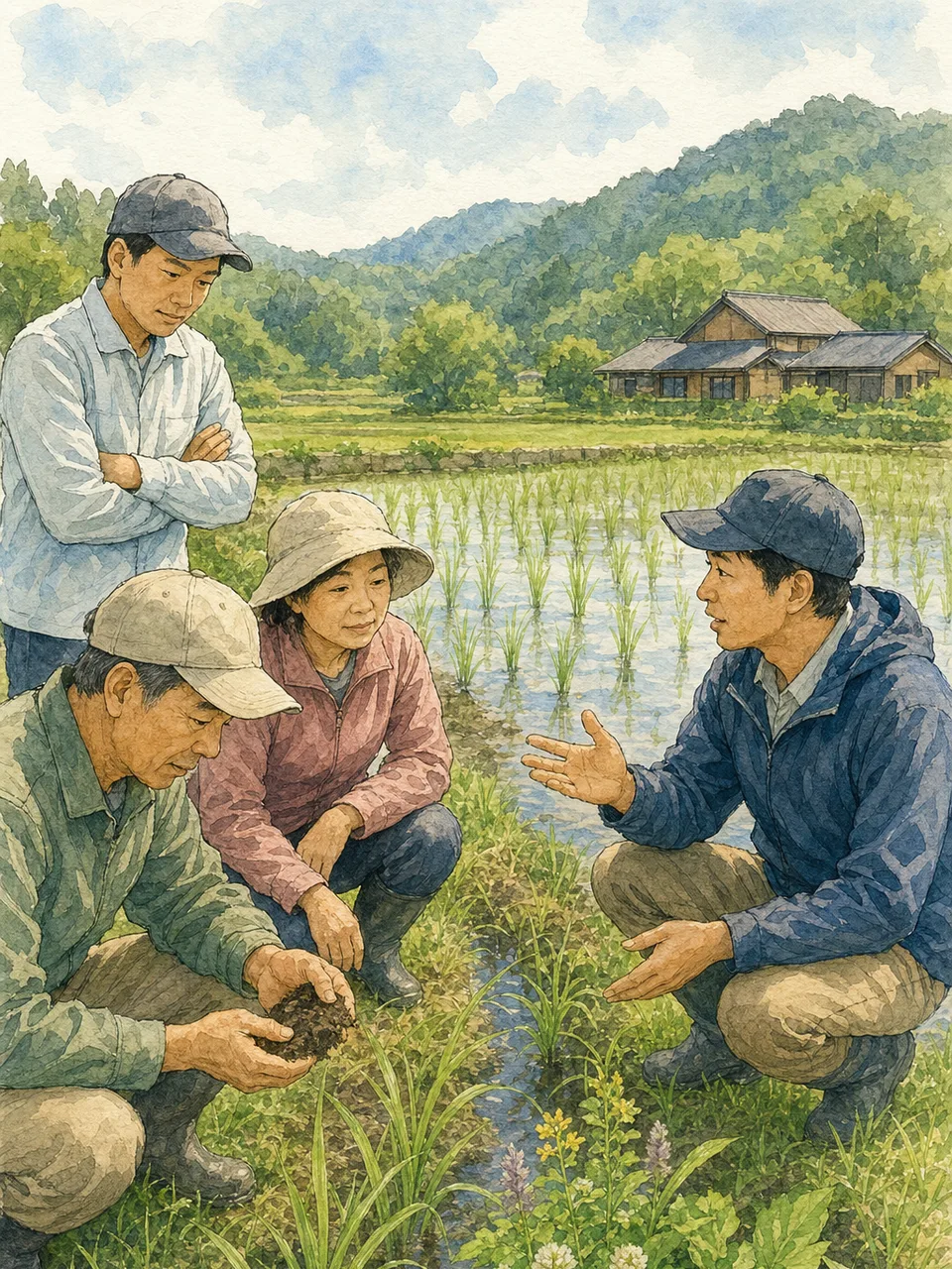 環境に配慮して稲作をする日本人農家（手描き水彩）。環境保全型農業、稲作、水田、土づくりの記事や案内に使える商用素材です。