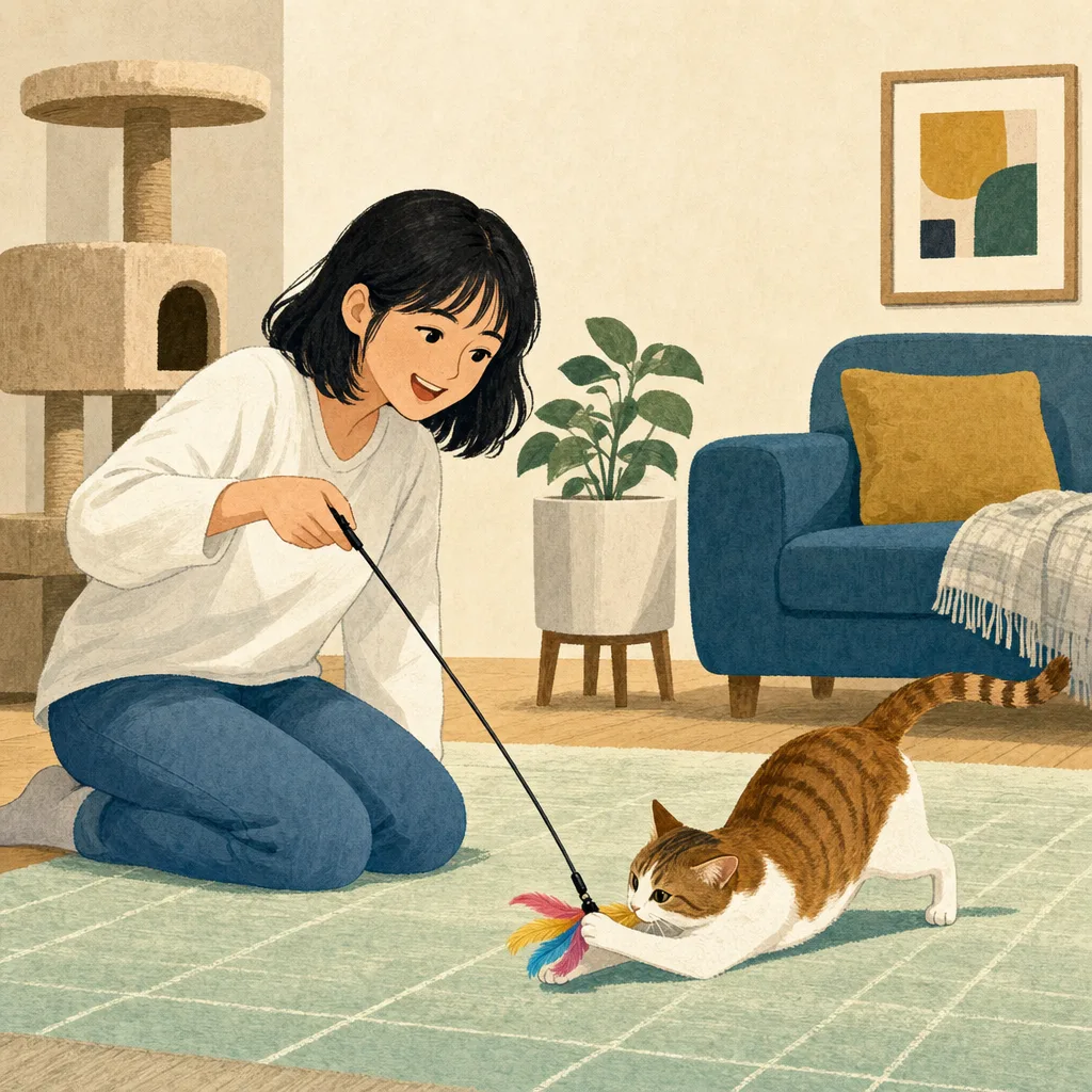 おもちゃで遊ぶ日本人と猫（編集記事向け）。猫のおもちゃ、遊び、ペット、室内飼育の記事向け素材です。