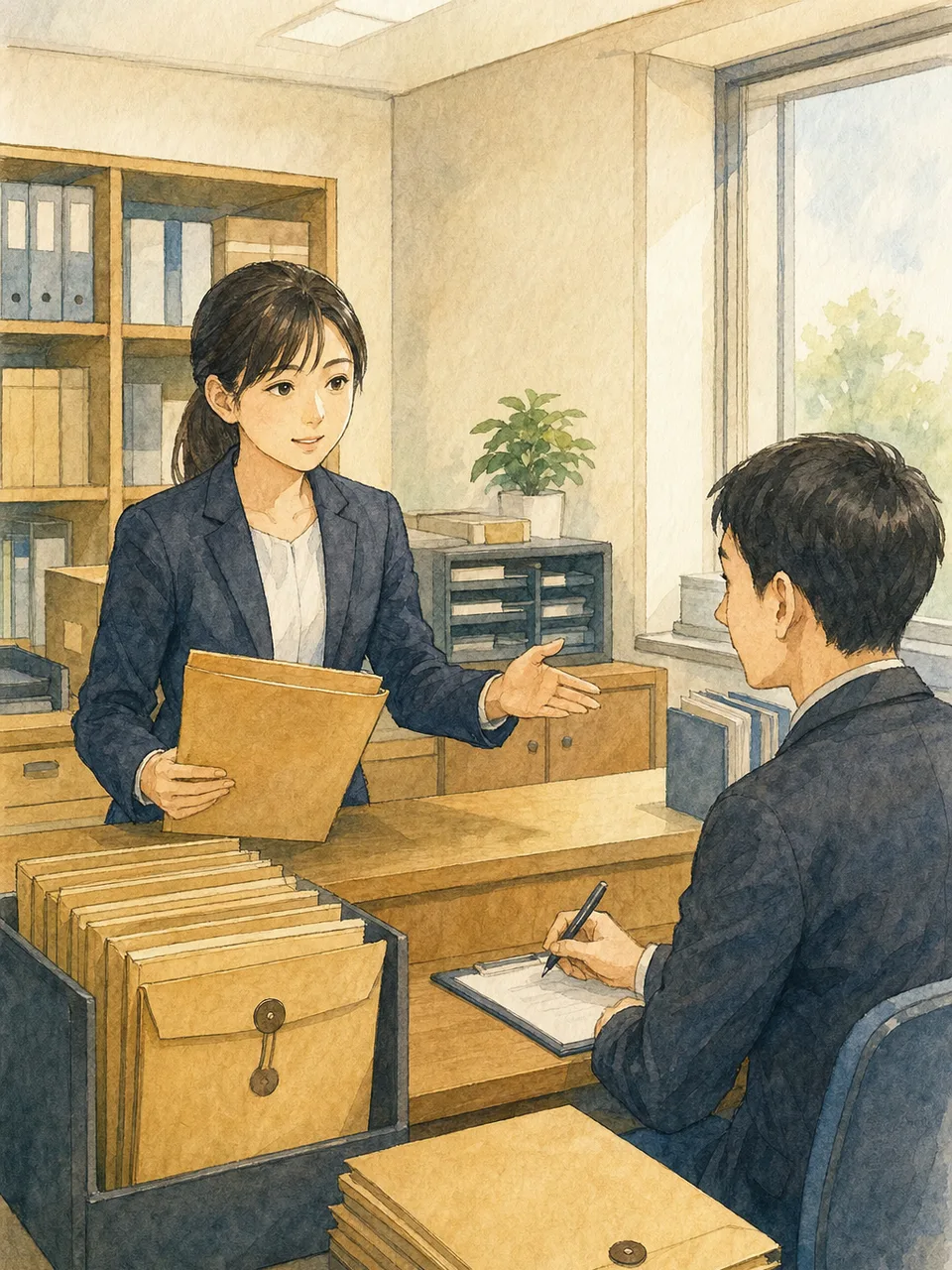 裁判事務を行う日本人裁判所職員（手描き水彩）。裁判所職員、裁判事務、法律、司法の記事や案内に使える商用素材です。