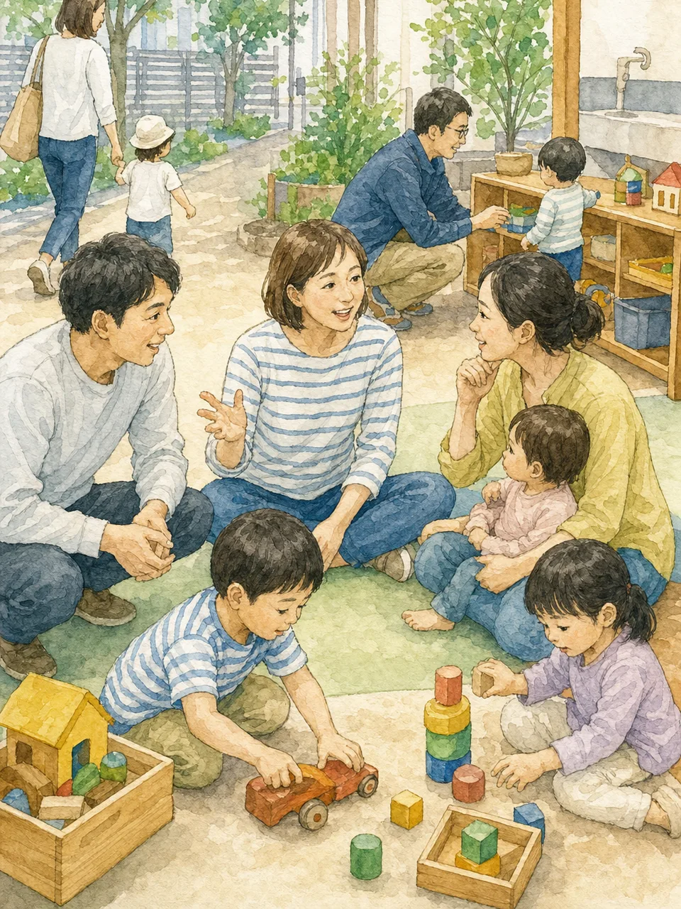 地域で交流する日本人の子育て世代（手描き水彩）。子育て世代、親子交流、地域、コミュニティの記事向け素材です。