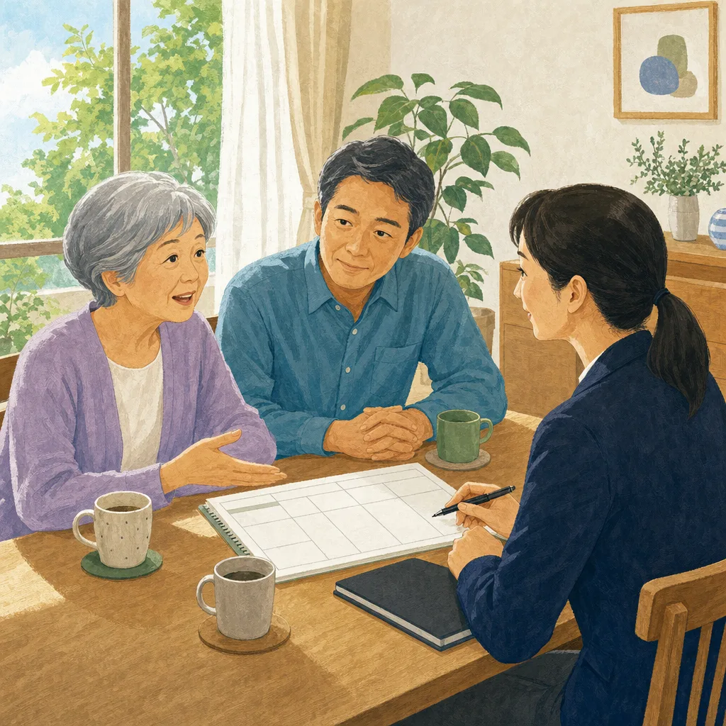在宅介護を調整する日本人ケアマネジャー（編集記事向け）。ケアマネジャー、介護相談、在宅介護、家族支援の記事向け素材です。