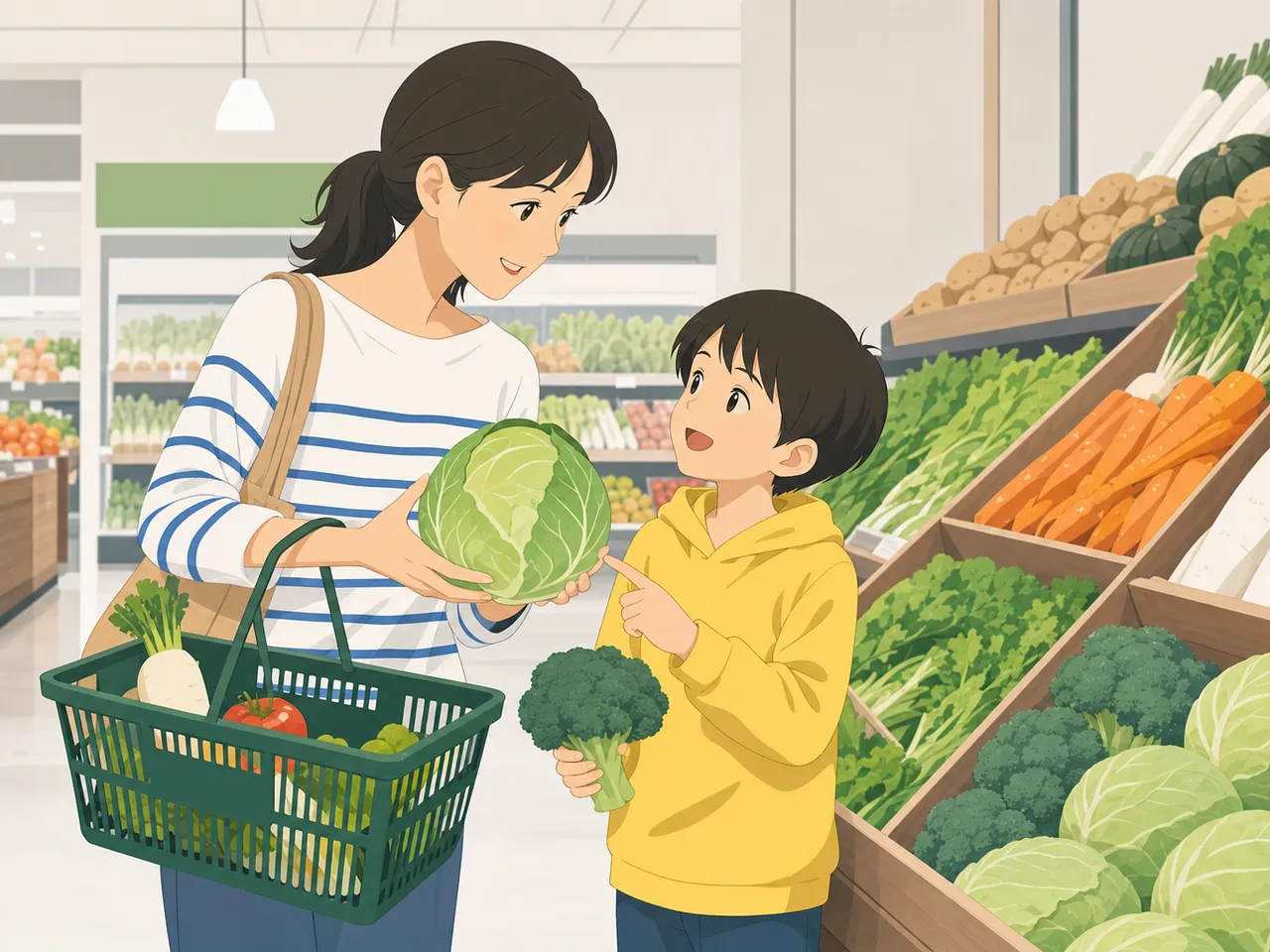 スーパーで食材を選ぶ日本人家族（フラットイラスト）。スーパー、買い物、家計、食生活の記事に使える日常素材です。