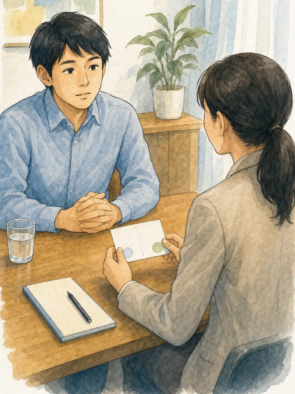 産業保健面談を受ける日本人会社員（手描き水彩）。産業保健、産業医面談、職場の健康、メンタルヘルスの記事や案内に使える商用素材です。