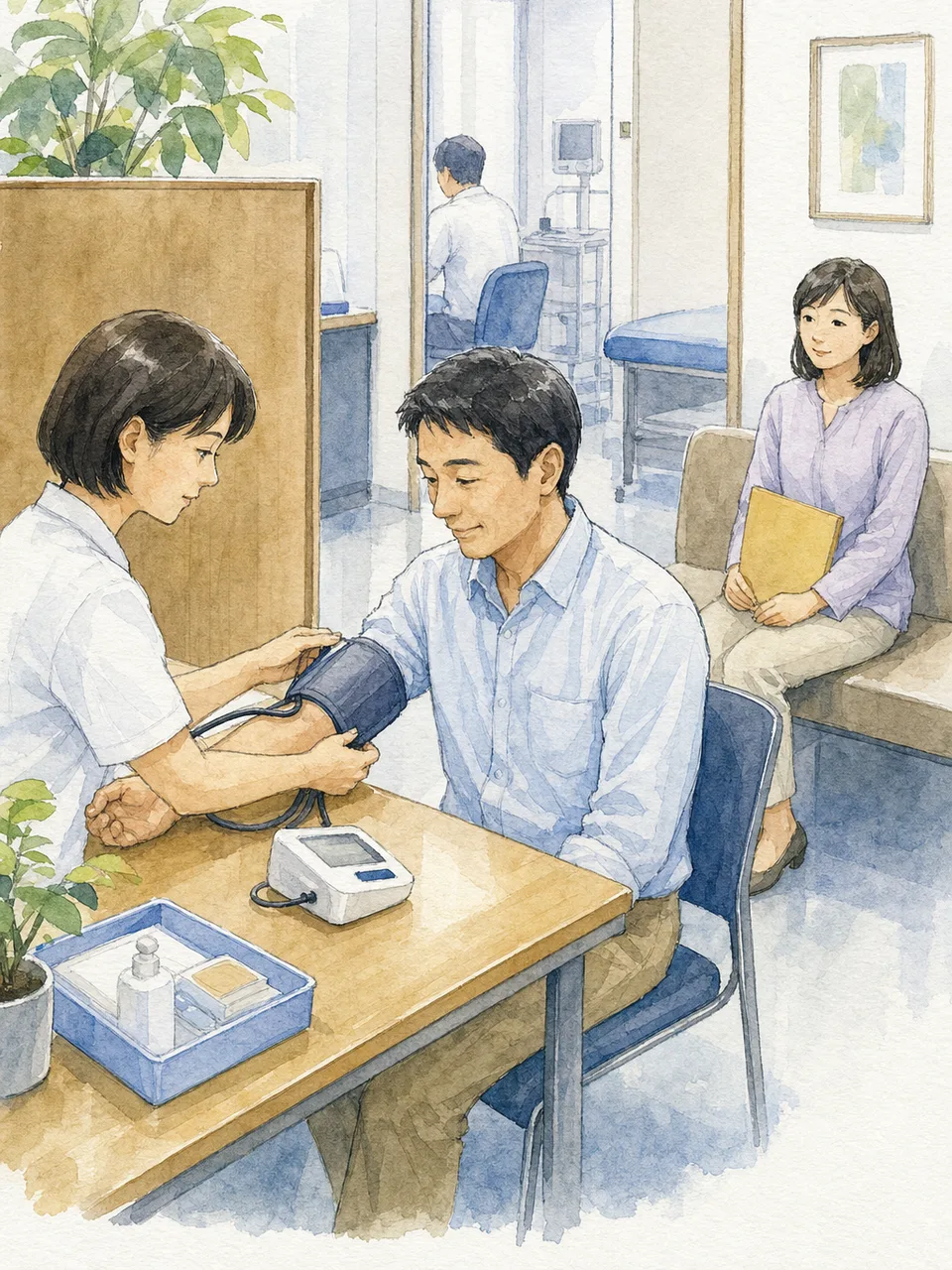 人間ドックを受ける日本人（手描き水彩）。人間ドック、健康診断、予防医療、企業健診の記事向け素材です。