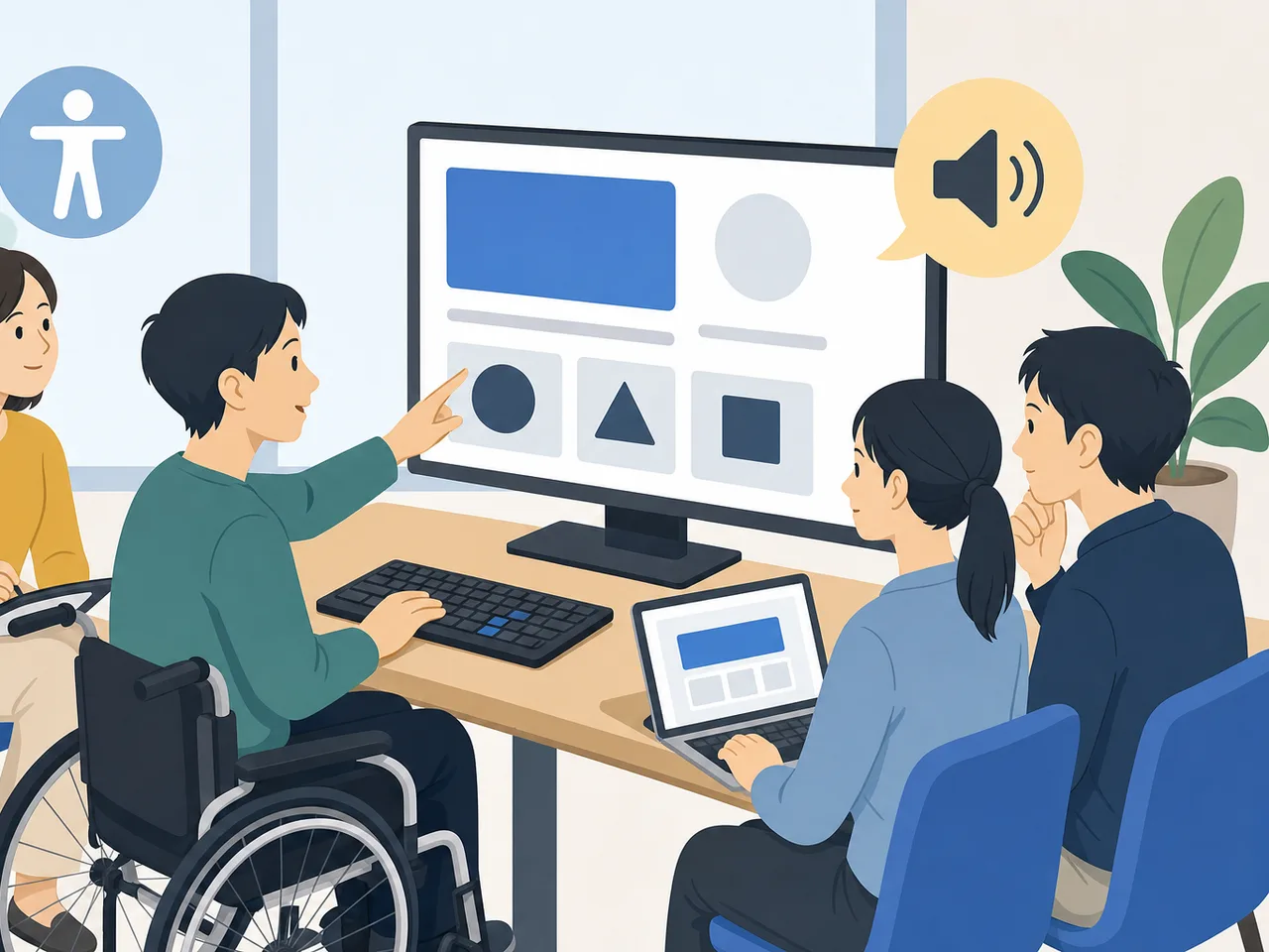 アクセシビリティを検証する日本人開発チーム（フラットイラスト）。アクセシビリティテスト、Webアクセシビリティ、ユーザーテスト、障害者の記事や案内に使える商用素材です。