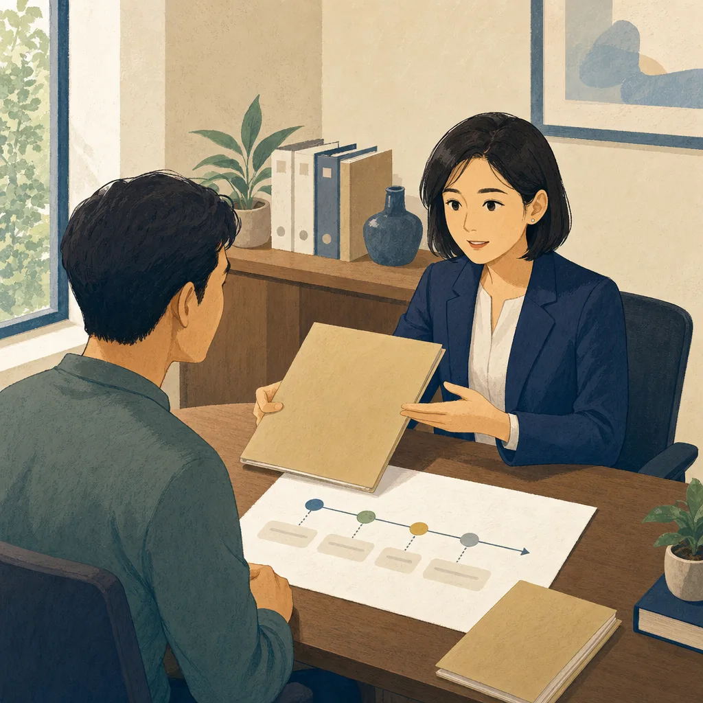 法律相談を受ける日本人と弁護士（編集記事向け）。弁護士、法律相談、法務、専門家サービスの記事向け素材です。