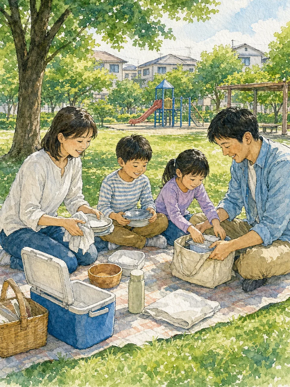 週末のピクニックを楽しむ日本人（手描き水彩）。週末ピクニック、家族、レジャー、公園の記事向け素材です。