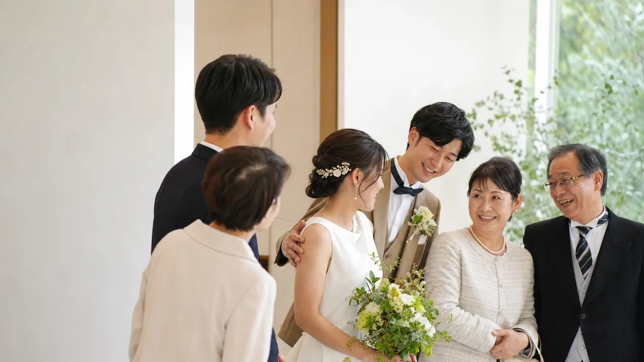 結婚式を祝う日本人カップルと家族（横長・コピースペース）。結婚式、ウェディング、家族、ブライダルサービス向け素材です。