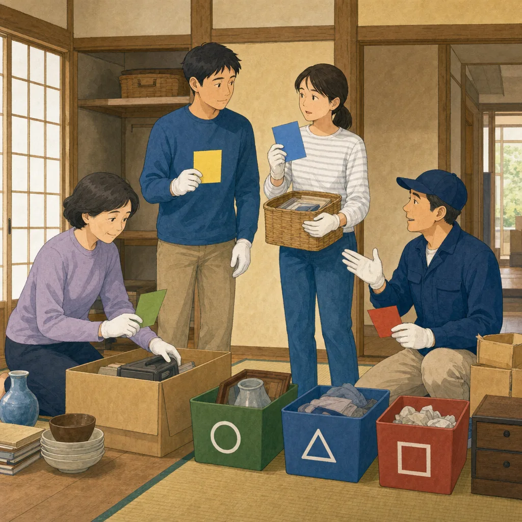 空き家の片付けを計画する日本人家族（編集記事向け）。空き家片付け、実家整理、家財整理、空き家管理の記事や案内に使える商用素材です。
