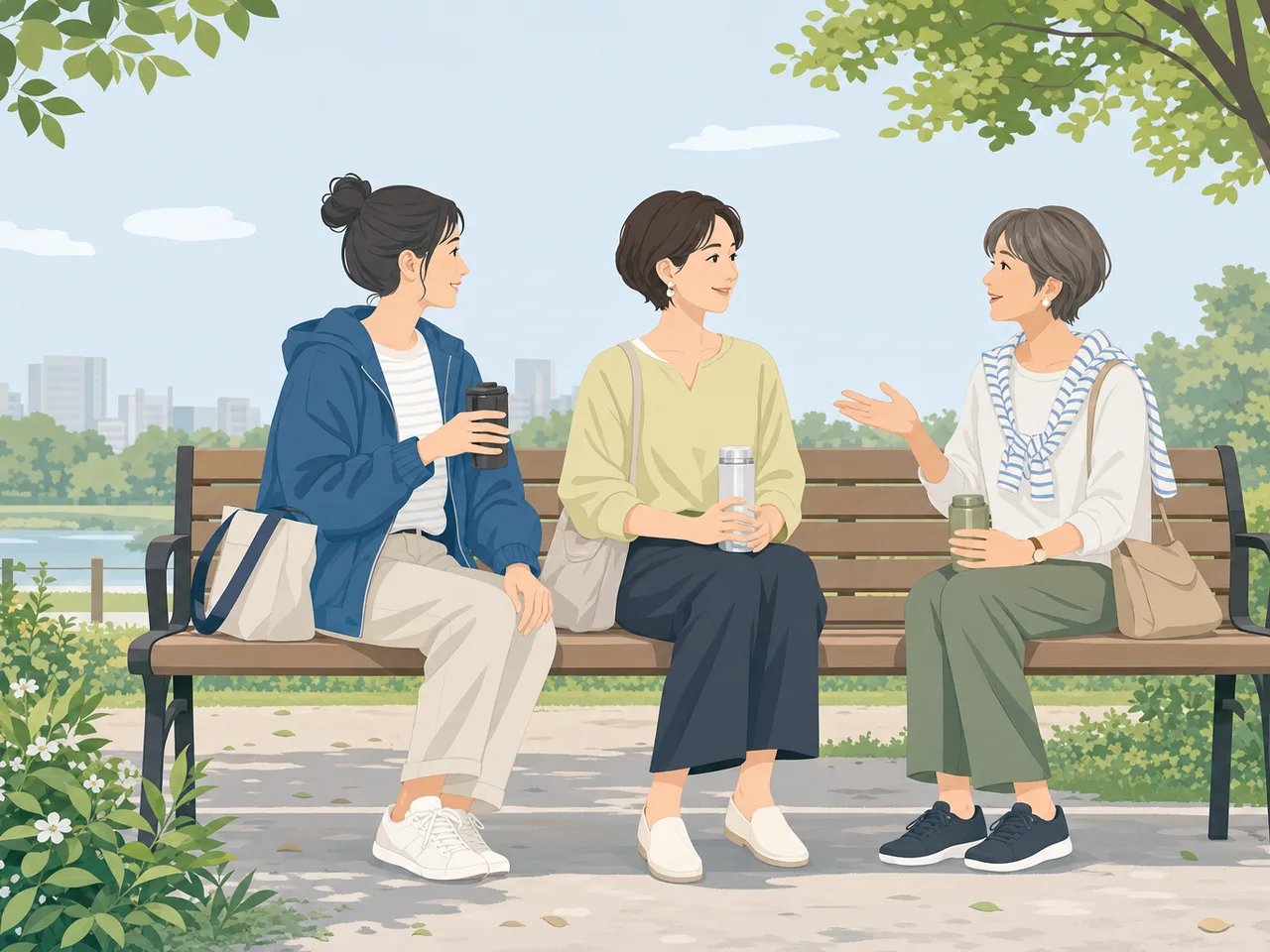 会話を楽しむ日本人の女友達（フラットイラスト）。女友達、友情、会話、休日の記事向け素材です。