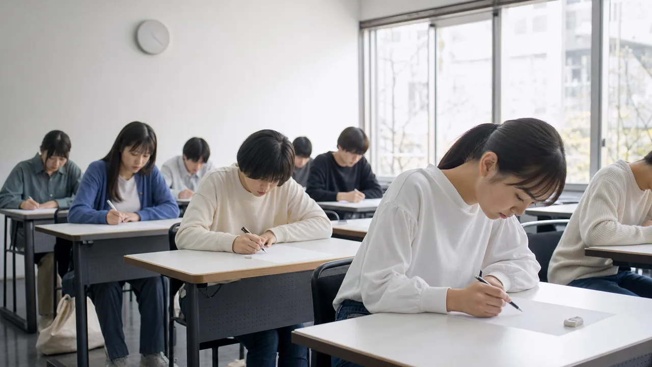 入学試験に臨む日本人学生（横長・コピースペース）。入学試験、受験会場、進学、教育の記事向け素材です。