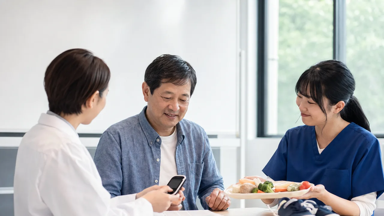 糖尿病の生活管理を学ぶ日本人（横長・コピースペース）。糖尿病、生活習慣、食事相談、健康管理の記事向け素材です。
