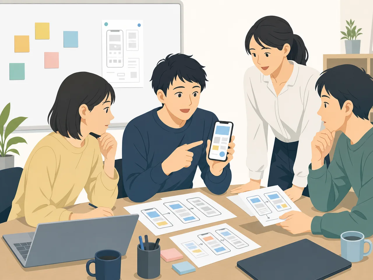アプリ開発をする日本人チーム（フラットイラスト）。アプリ開発、ソフトウェア開発、エンジニア、チームの記事向け素材です。