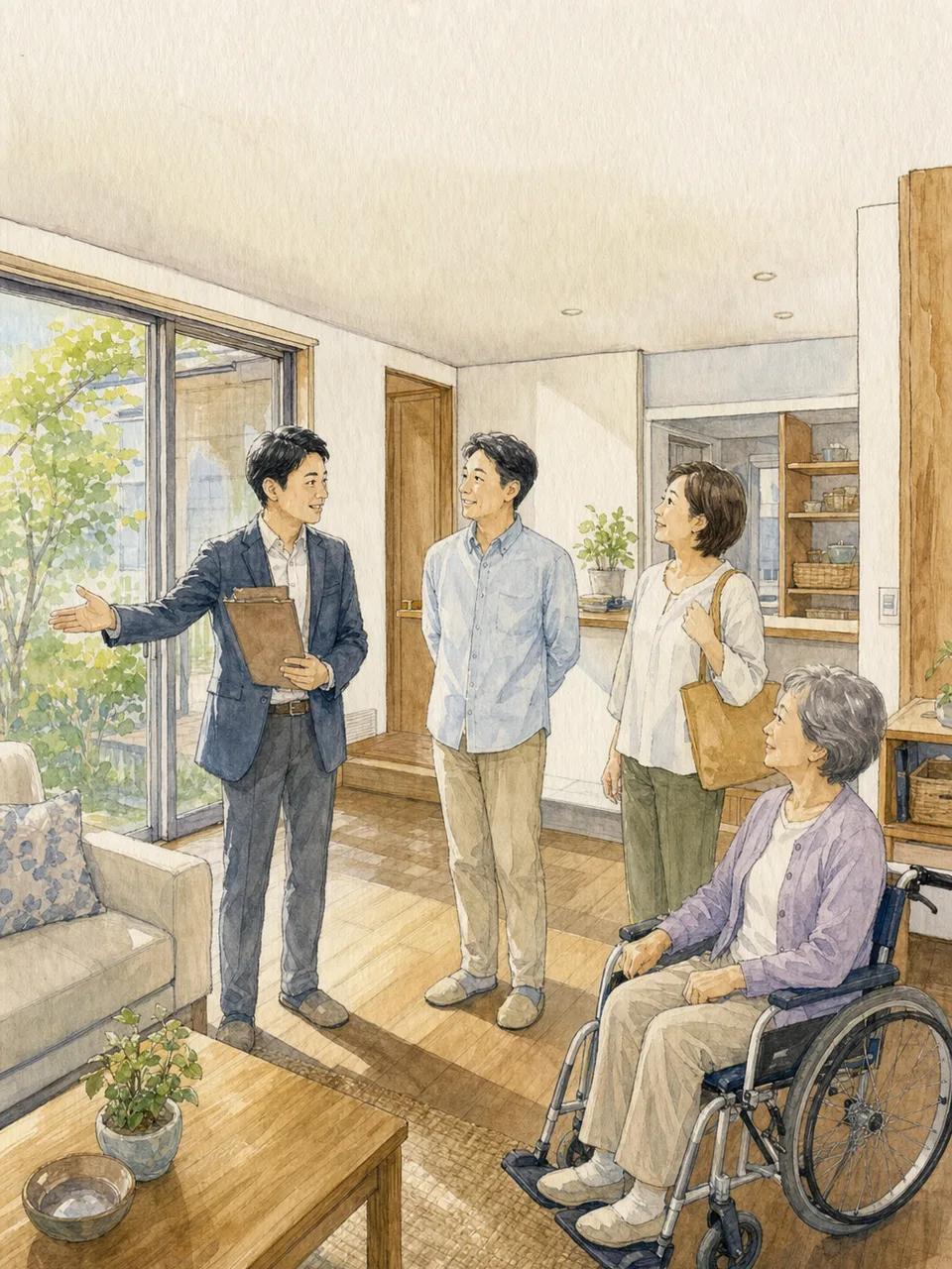 平屋を見学する日本人（手描き水彩）。平屋、戸建て、バリアフリー、住宅見学の記事向け素材です。