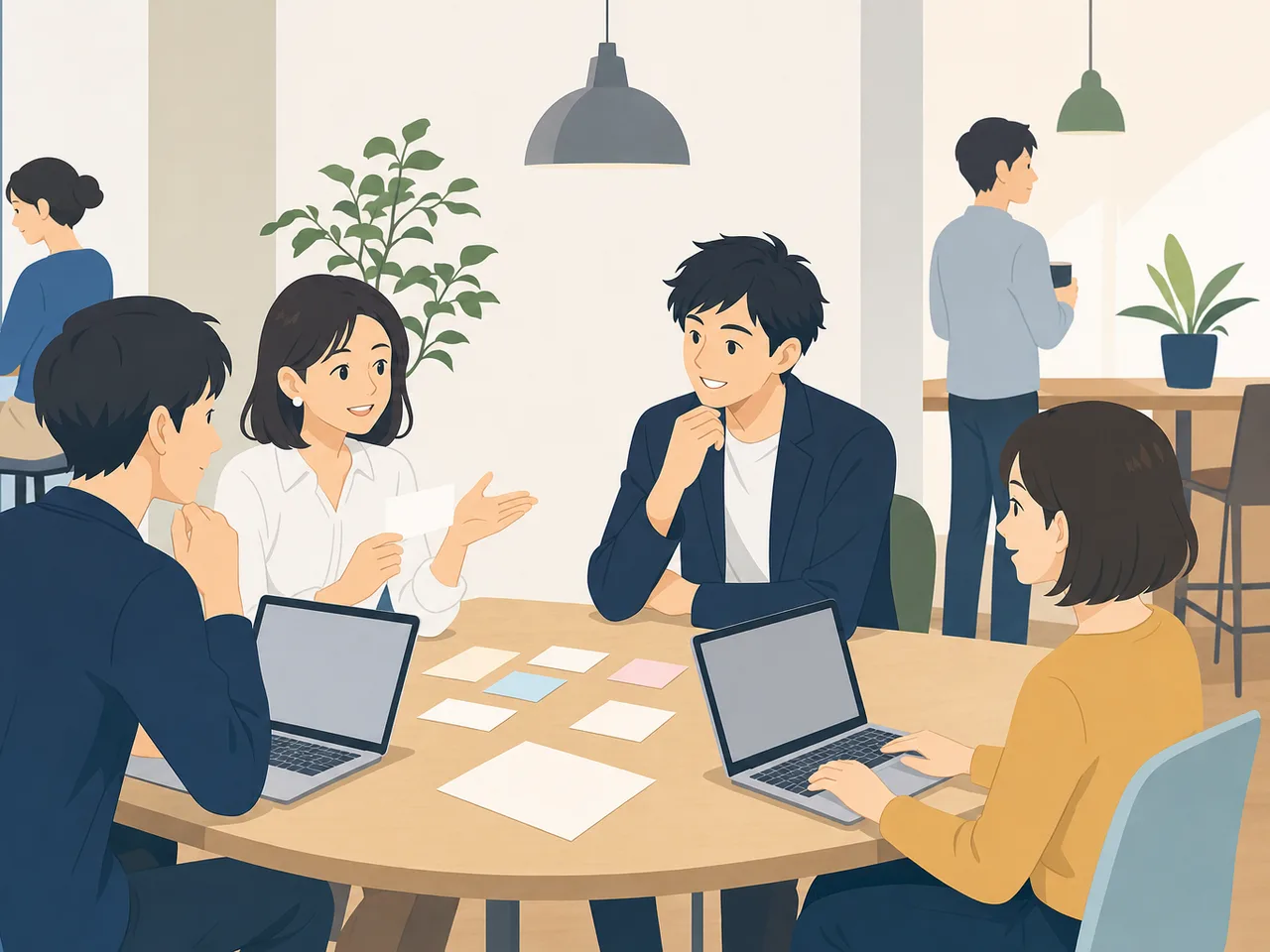 交流する日本人コワーキング利用者（フラットイラスト）。コワーキング交流会、ネットワーキング、コワーキング、フリーランスの記事や案内に使える商用素材です。