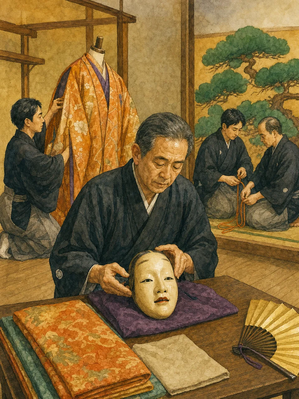 能舞台の準備をする日本人スタッフ（手描き水彩）。能舞台の準備、能楽堂の舞台裏、能、伝統芸能の記事や案内に使える商用素材です。
