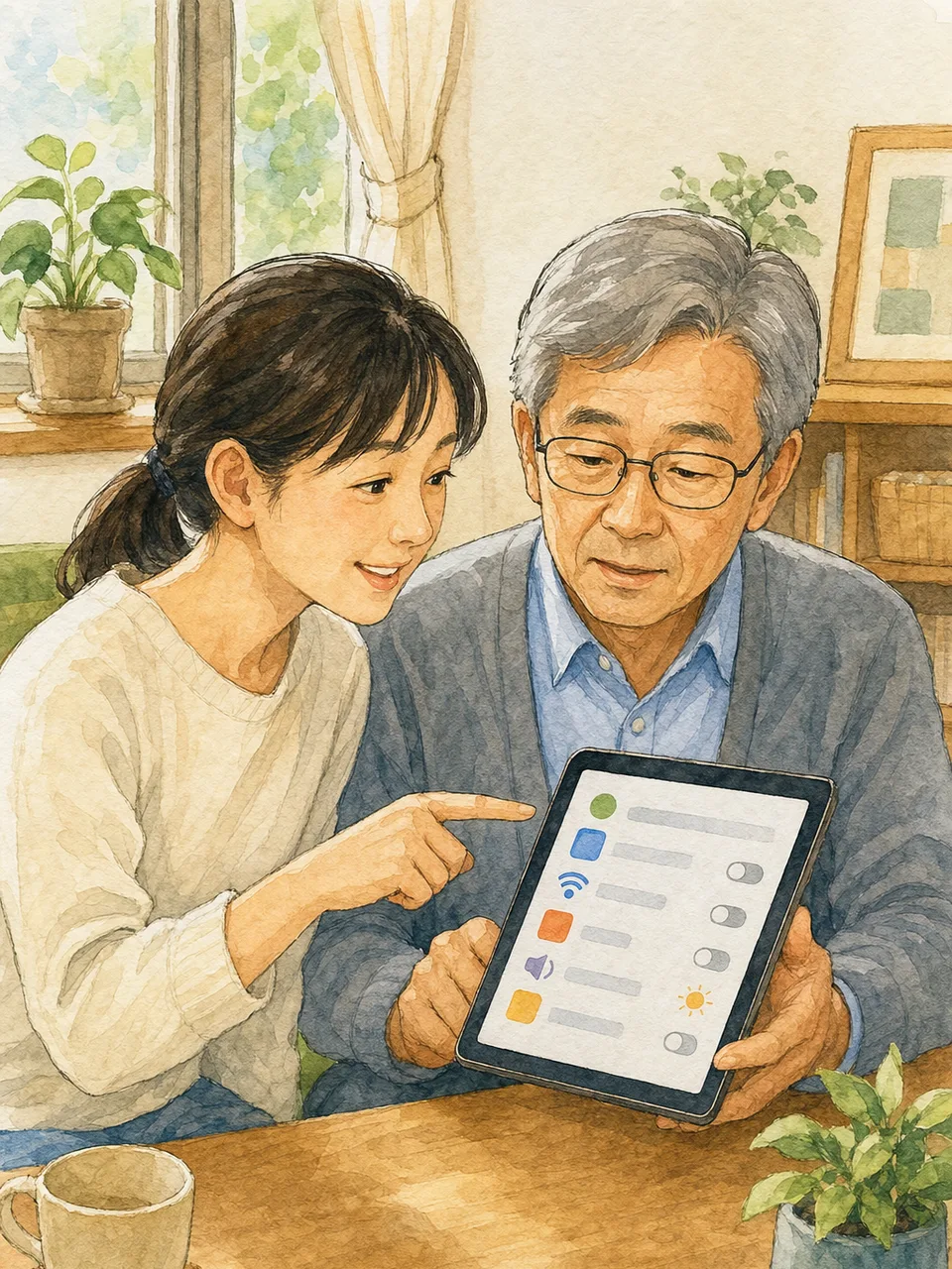 親のデジタル利用を手伝う日本人（手描き水彩）。親のスマホ支援、デジタル支援、親子、高齢者の記事や案内に使える商用素材です。