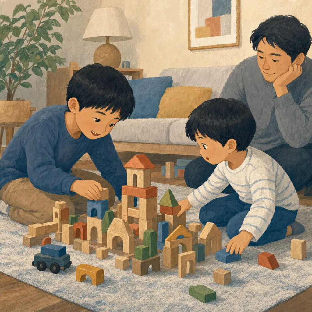 一緒に遊ぶ日本人の兄弟（編集記事向け）。兄弟、きょうだい、子ども、協力をテーマにした記事向け素材です。