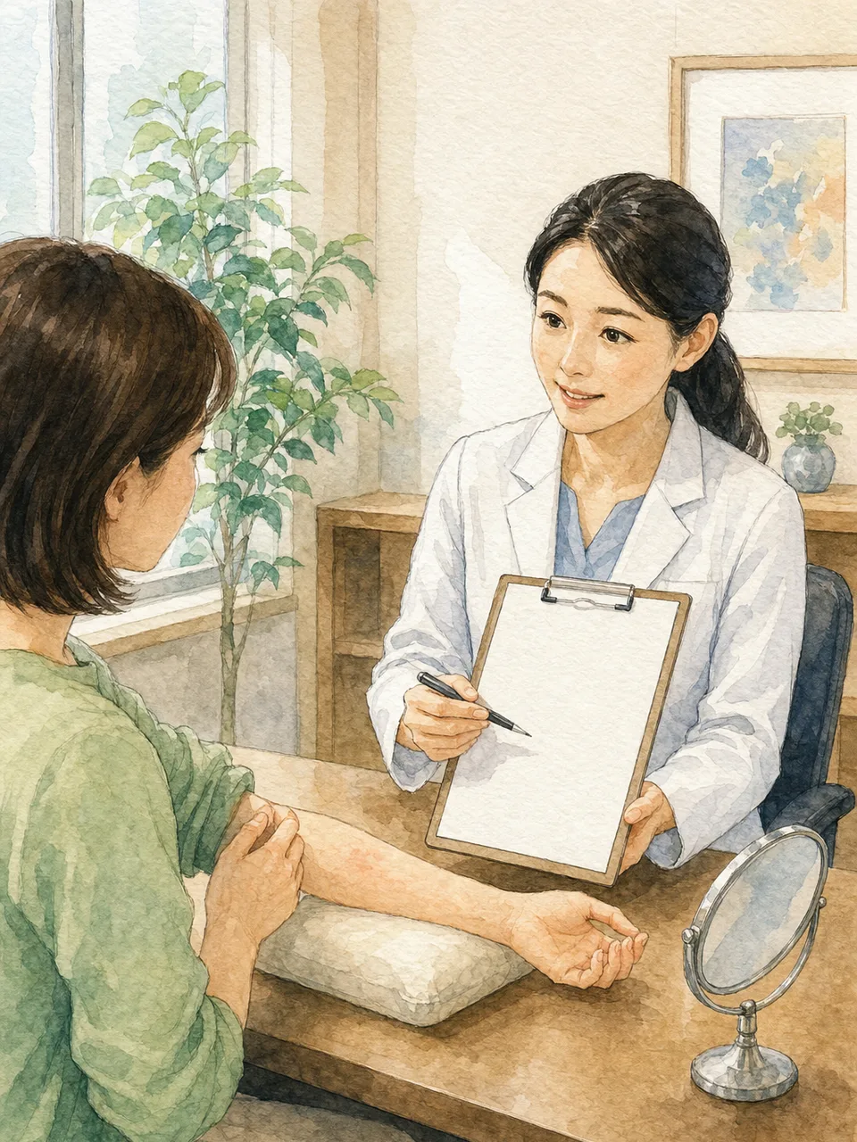 皮膚科で相談する日本人患者（手描き水彩）。皮膚科、肌の相談、診察、健康管理の記事向け素材です。