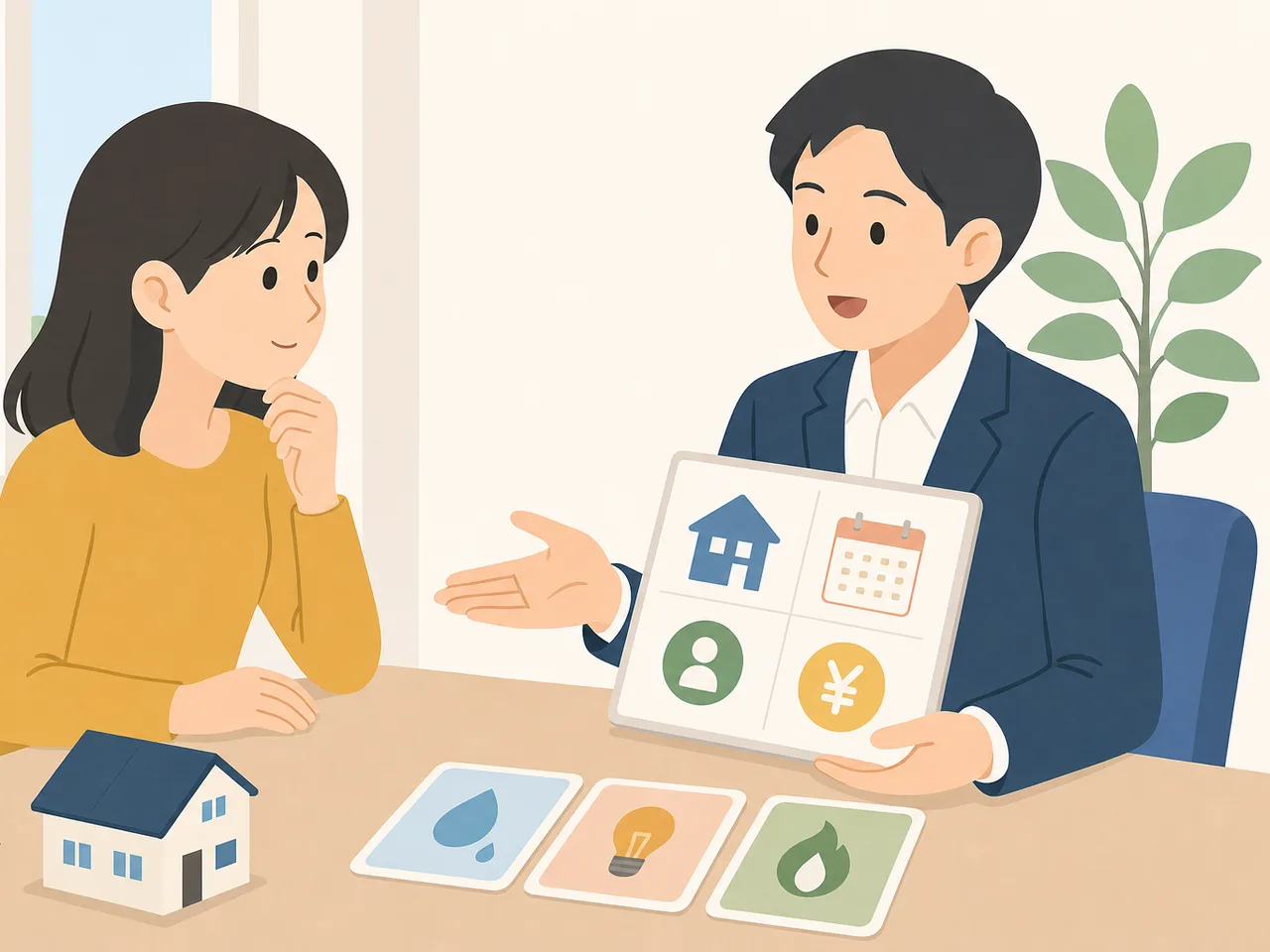 家賃保証を説明する日本人担当者（フラットイラスト）。家賃保証、賃貸契約、保証会社、入居審査の記事や案内に使える商用素材です。