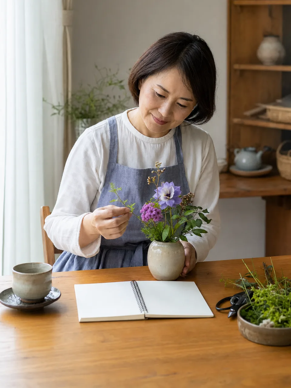 自分の時間を楽しむ日本人の中年女性（自然な縦位置写真）。中年女性、日常生活、趣味、ウェルビーイングの記事向け素材です。