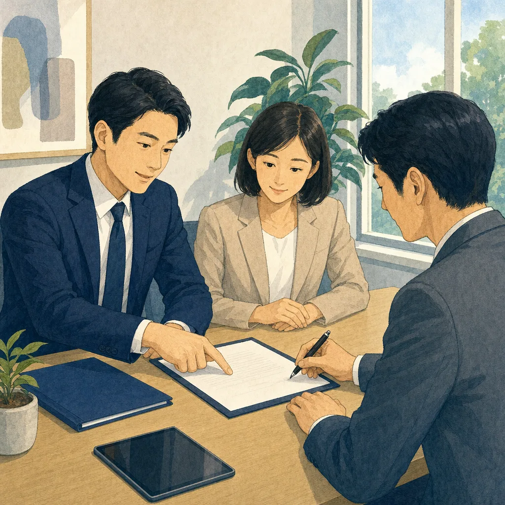 契約内容を確認するビジネス担当者（編集記事向け）。契約、商談、士業、法人サービスの説明に使いやすいビジネス素材です。
