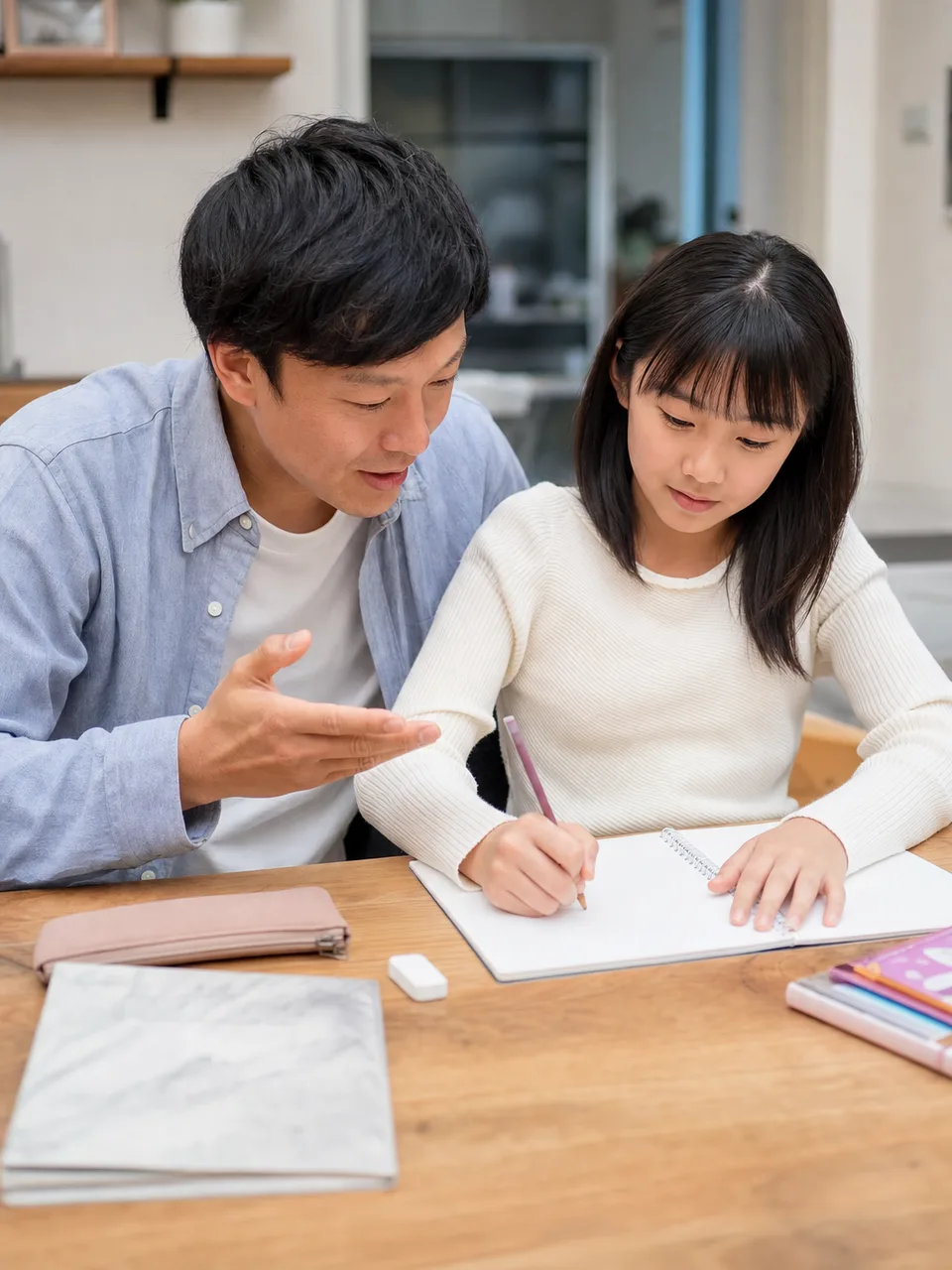 宿題に取り組む日本人の父と娘（自然な縦位置写真）。父と娘、宿題、家庭学習、子育ての記事向け素材です。