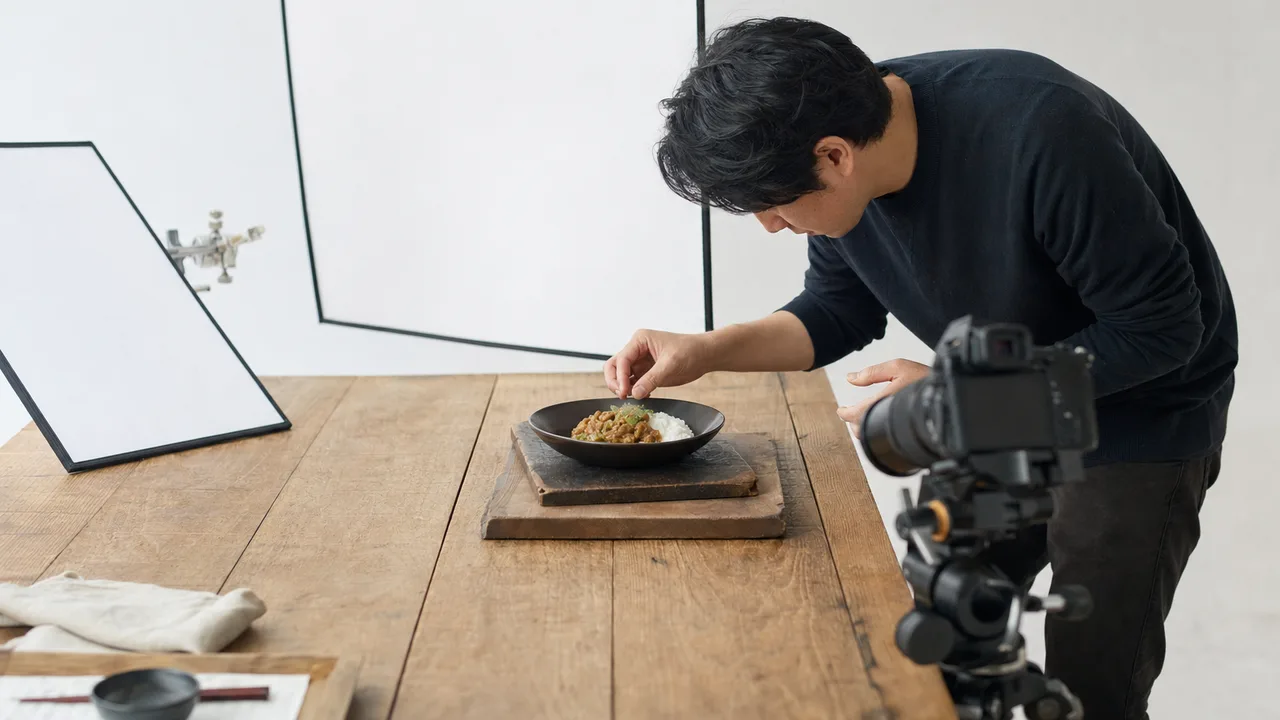 料理を撮影する日本人フォトチーム（横長・コピースペース）。料理撮影、フードフォト、商品撮影、カメラマンの記事や案内に使える商用素材です。