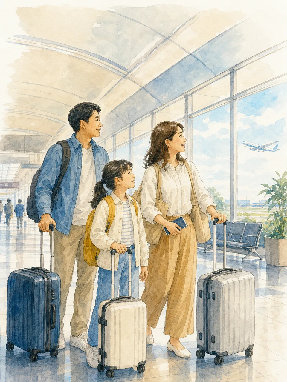 空港から旅行へ出発する日本人家族（手描き水彩）。空港、海外旅行、家族旅行、旅行保険の記事に使える出発場面です。