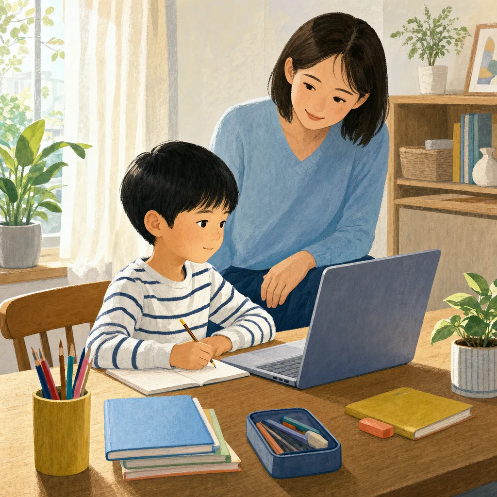 自宅でオンライン学習をする小学生（編集記事向け）。オンライン教育、家庭学習、学習支援サービスに使える親子素材です。
