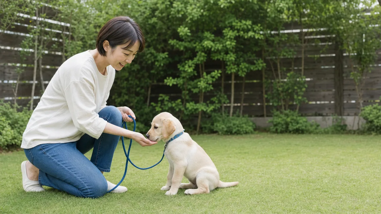 子犬をしつける日本人飼い主（横長・コピースペース）。子犬、犬のしつけ、ペットケア、暮らしの記事向け素材です。
