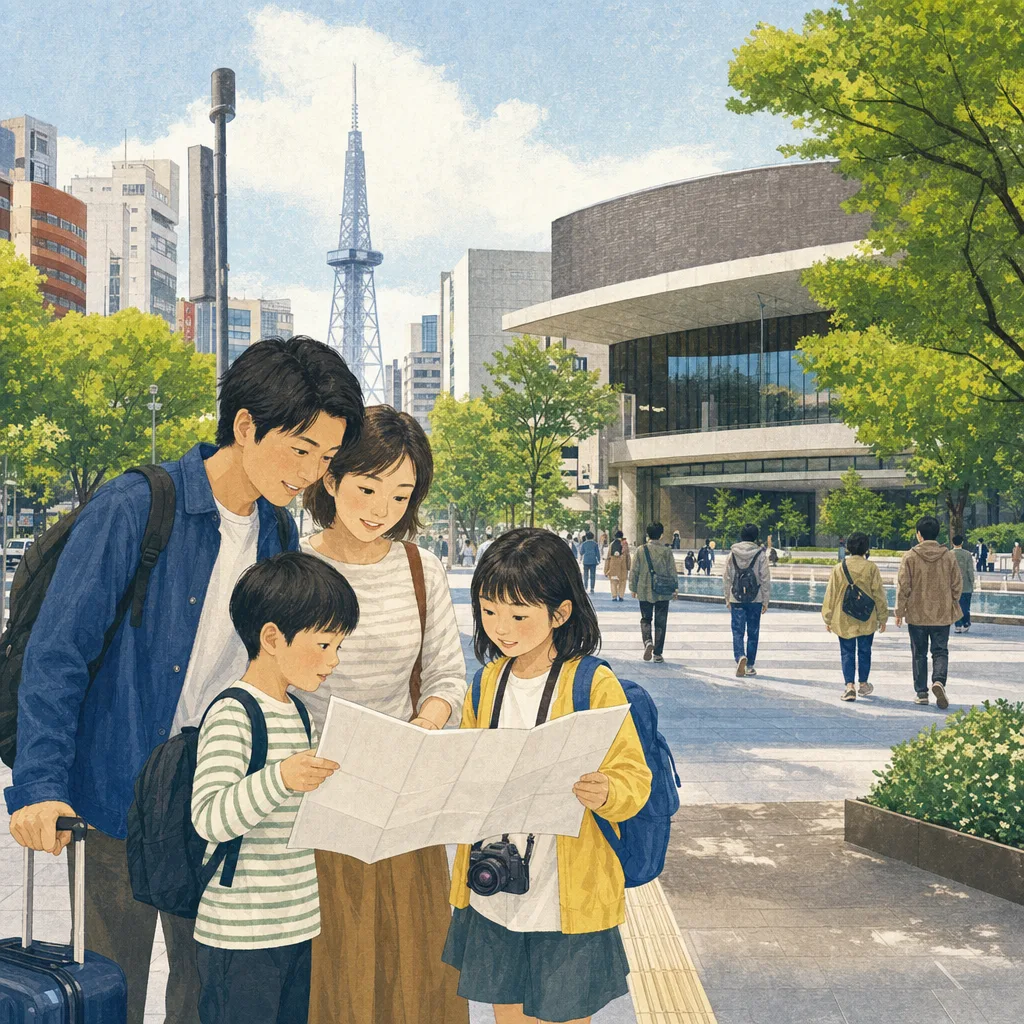 名古屋の街を巡る日本人旅行者（編集記事向け）。名古屋、都市観光、街歩き、中部旅行の記事向け素材です。