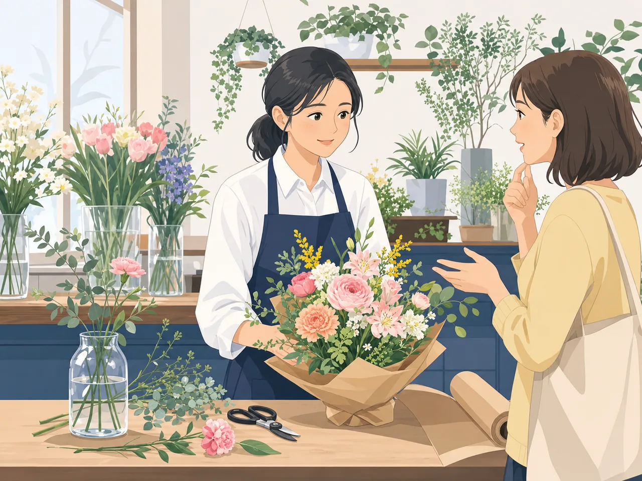 花を束ねる日本人の花屋スタッフ（フラットイラスト）。花屋、フローリスト、花束、地域店舗の記事に使える素材です。