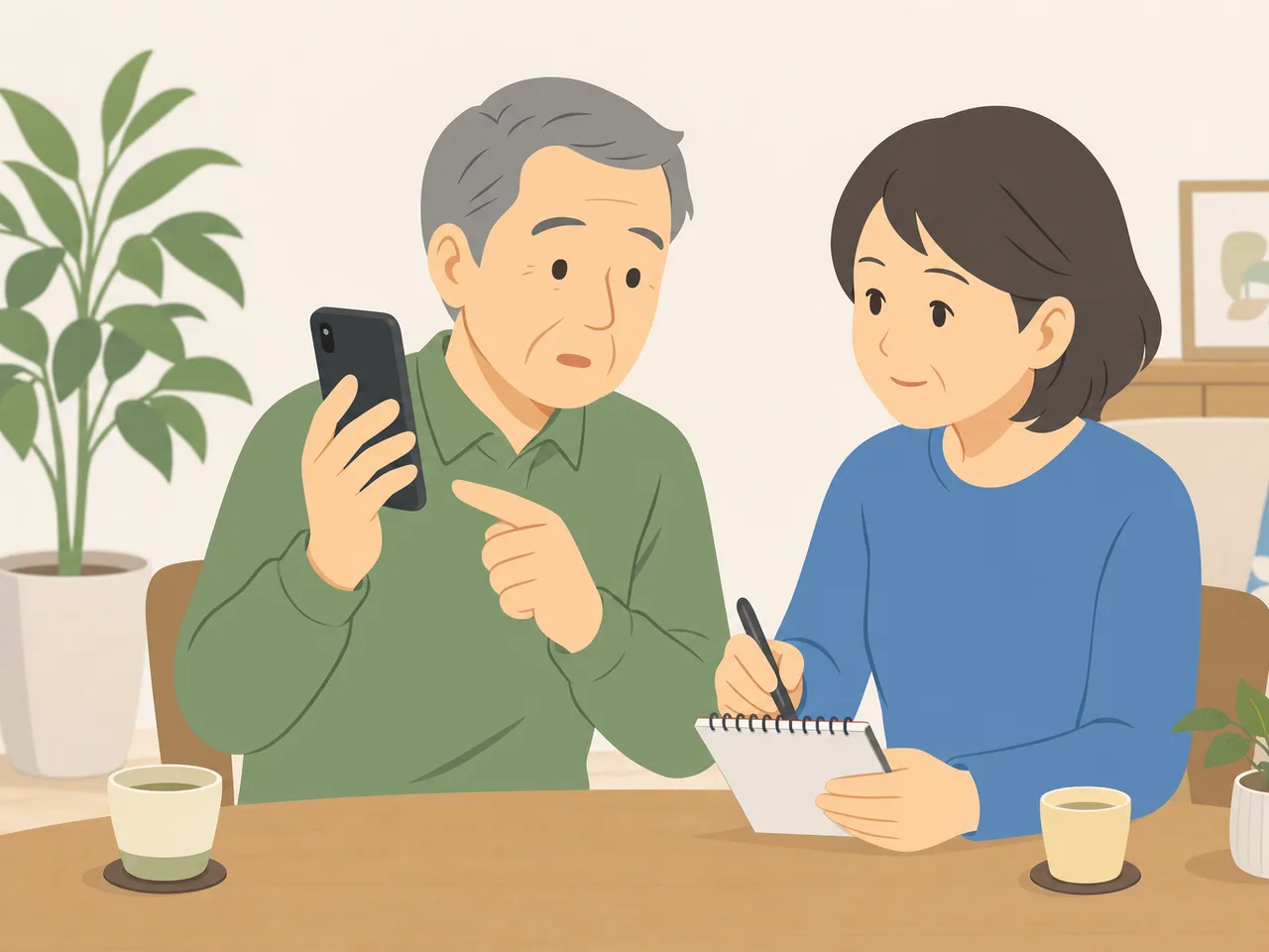 電話詐欺を家族に相談する日本人シニア（フラットイラスト）。詐欺対策、防犯、家族見守り、消費者啓発に使える素材です。