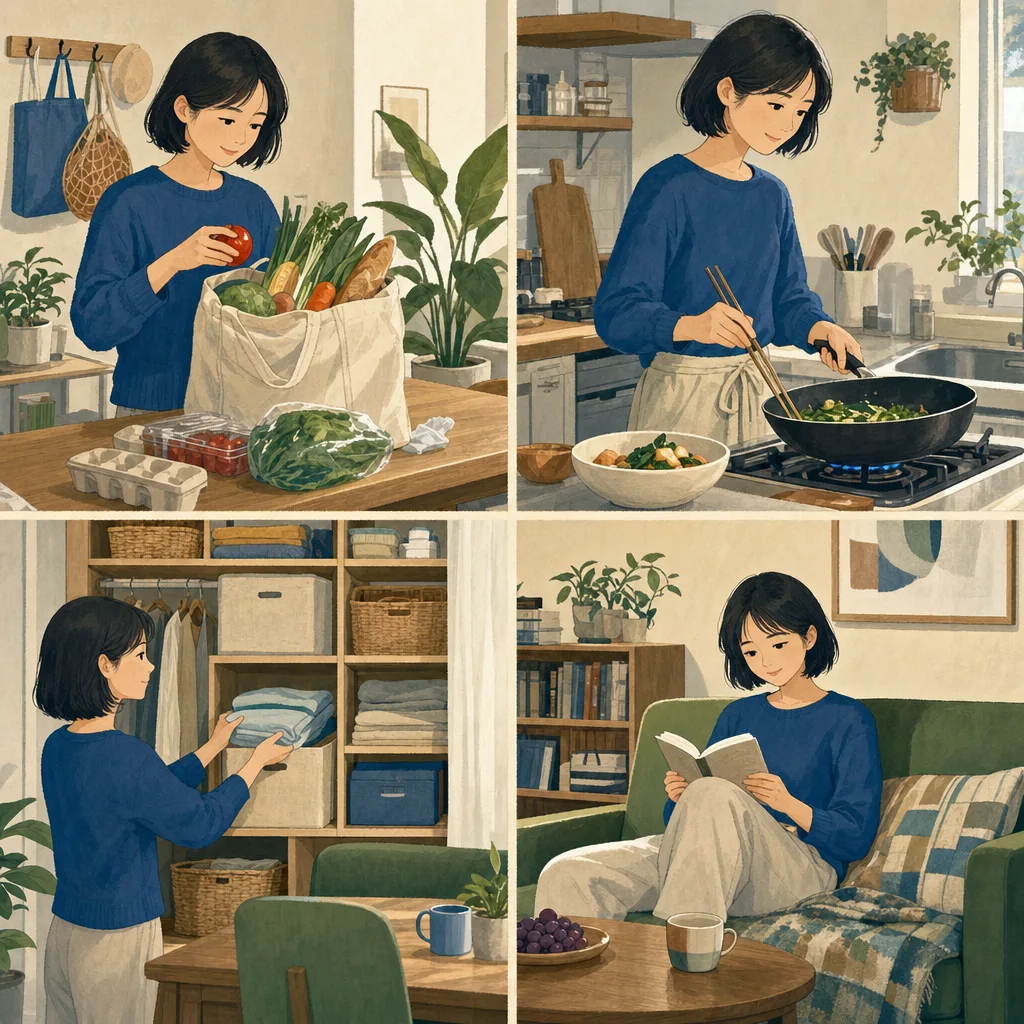 一人暮らしをする日本人女性（編集記事向け）。一人暮らしの女性、家事、リラックス、暮らしの記事向け素材です。