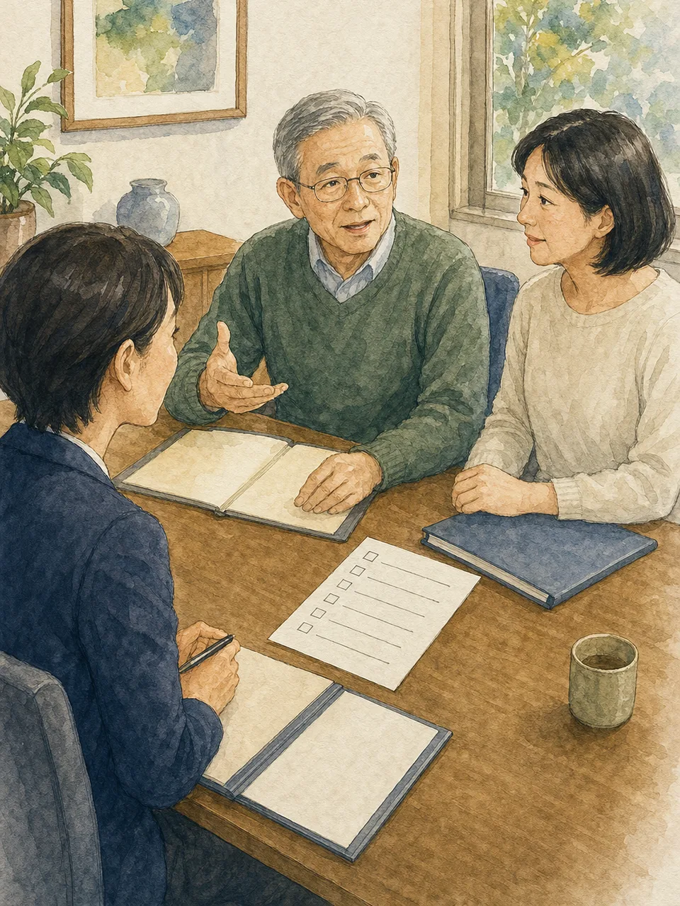 終活について相談する日本人シニア（手描き水彩）。終活、老後準備、家族相談、専門サービスの記事向け素材です。