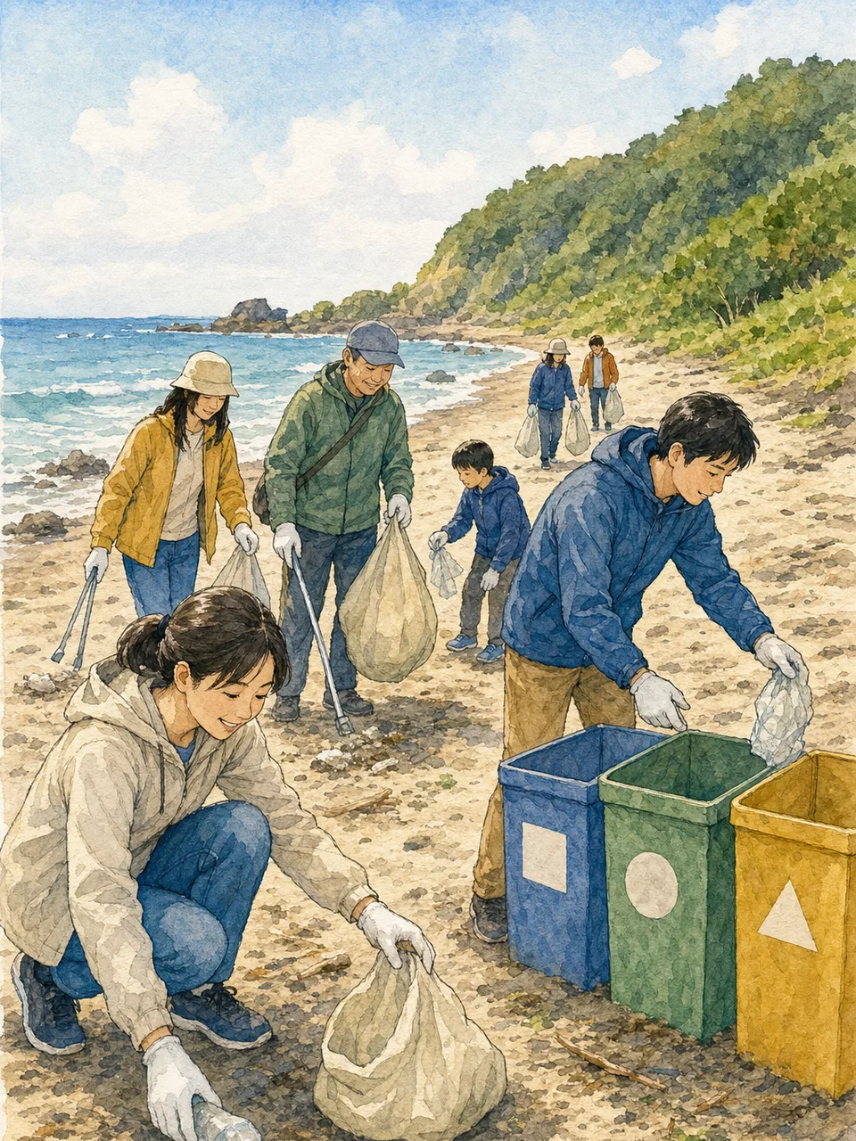 海岸清掃に参加する日本人（手描き水彩）。海岸清掃、ビーチクリーン、環境ボランティア、海洋ごみの記事や案内に使える商用素材です。