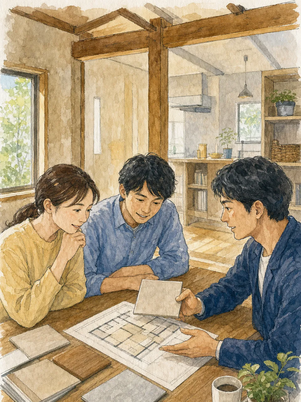リノベーションを相談する日本人（手描き水彩）。リノベーション、住宅改修、住まい、設計相談の記事向け素材です。