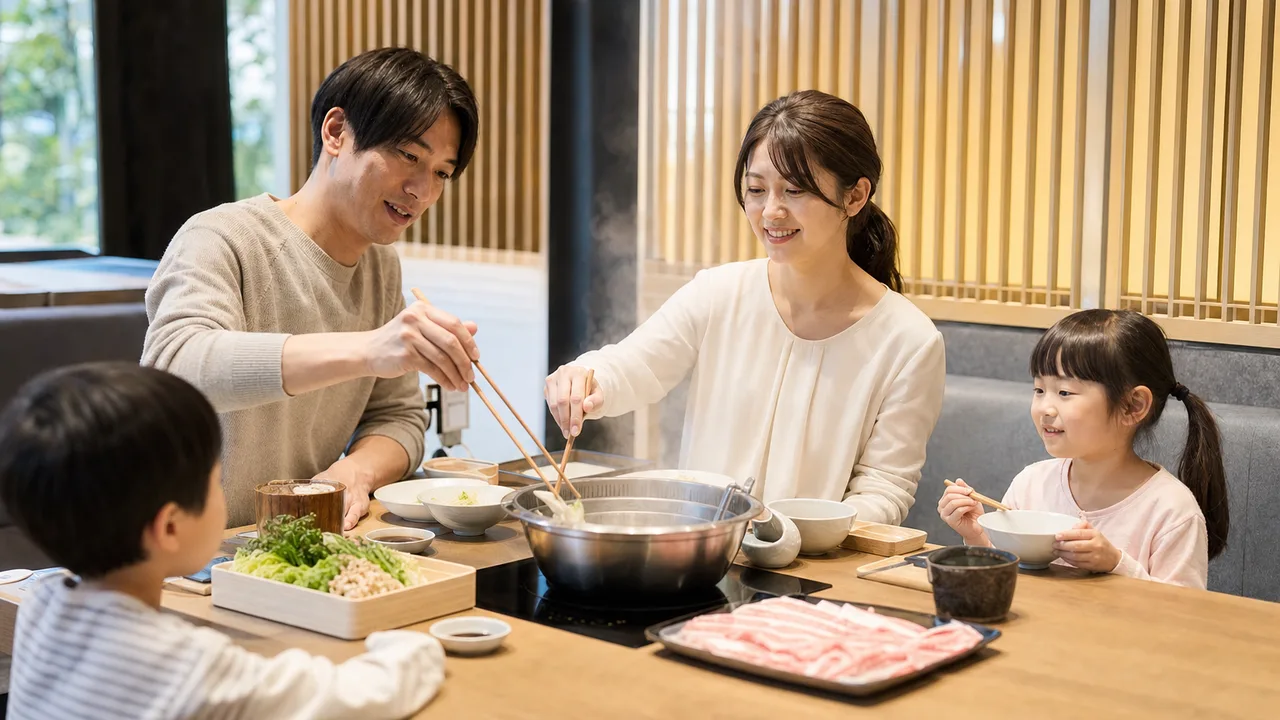 しゃぶしゃぶを囲む日本人家族（横長・コピースペース）。しゃぶしゃぶ、鍋料理、家族、外食の記事向け素材です。