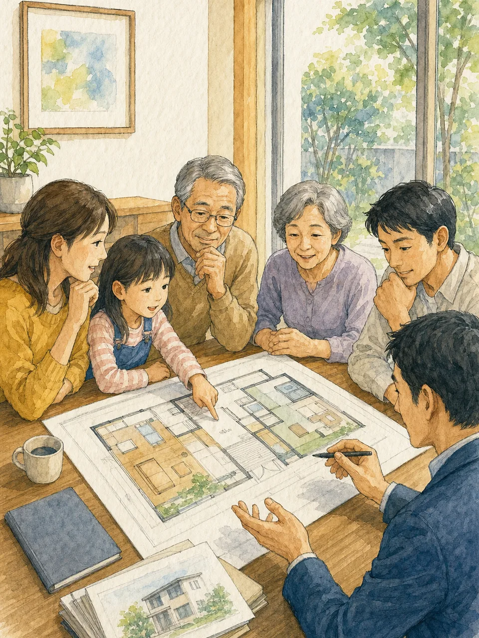 二世帯住宅で暮らす日本人家族（手描き水彩）。二世帯住宅、三世代家族、間取り、住まいの記事向け素材です。