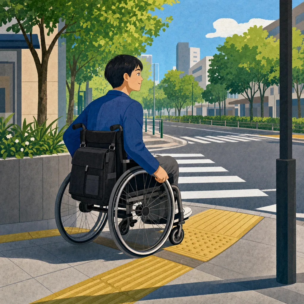 車いすで通勤する日本人（編集記事向け）。車いす通勤、車椅子、バリアフリー、会社員の記事や案内に使える商用素材です。