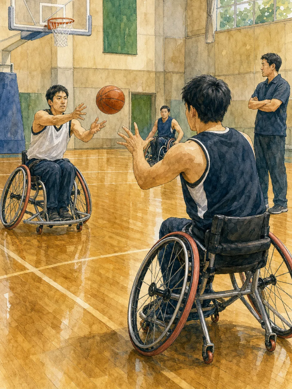 車いすバスケットボールを練習する日本人（手描き水彩）。車いすバスケットボール、パラスポーツ、車椅子、スポーツの記事や案内に使える商用素材です。