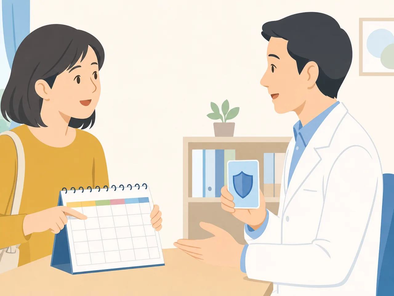 予防接種を相談する日本人成人（フラットイラスト）。予防接種相談、ワクチン相談、成人予防接種、感染予防の記事や案内に使える商用素材です。
