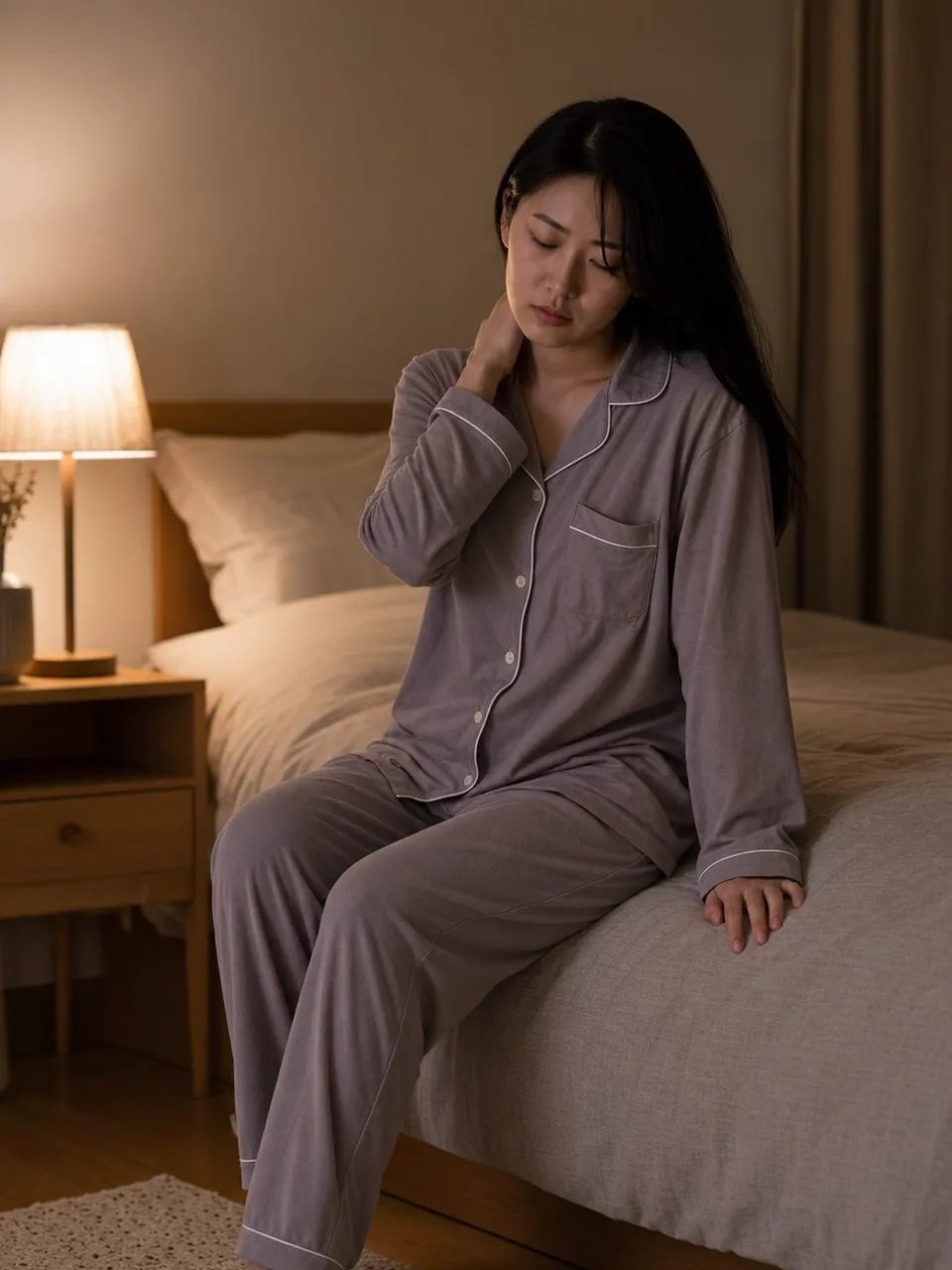 眠れない夜を過ごす日本人（自然な縦位置写真）。睡眠改善、ストレスケア、寝具、健康サービスの記事に使える素材です。