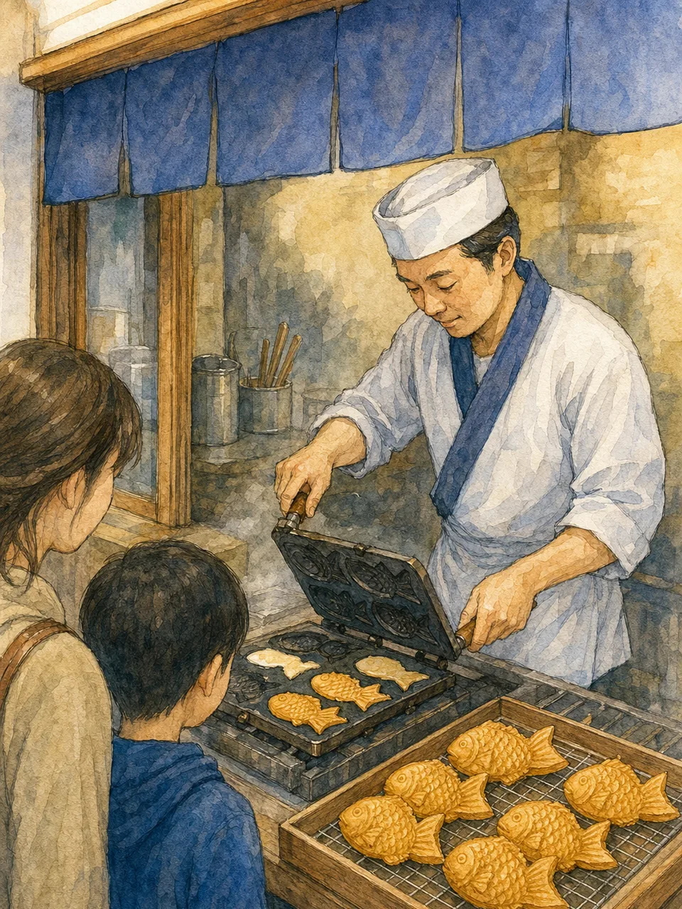 たい焼きを焼く日本人店員（手描き水彩）。たい焼き、和菓子、商店街、食べ歩きの記事向け素材です。